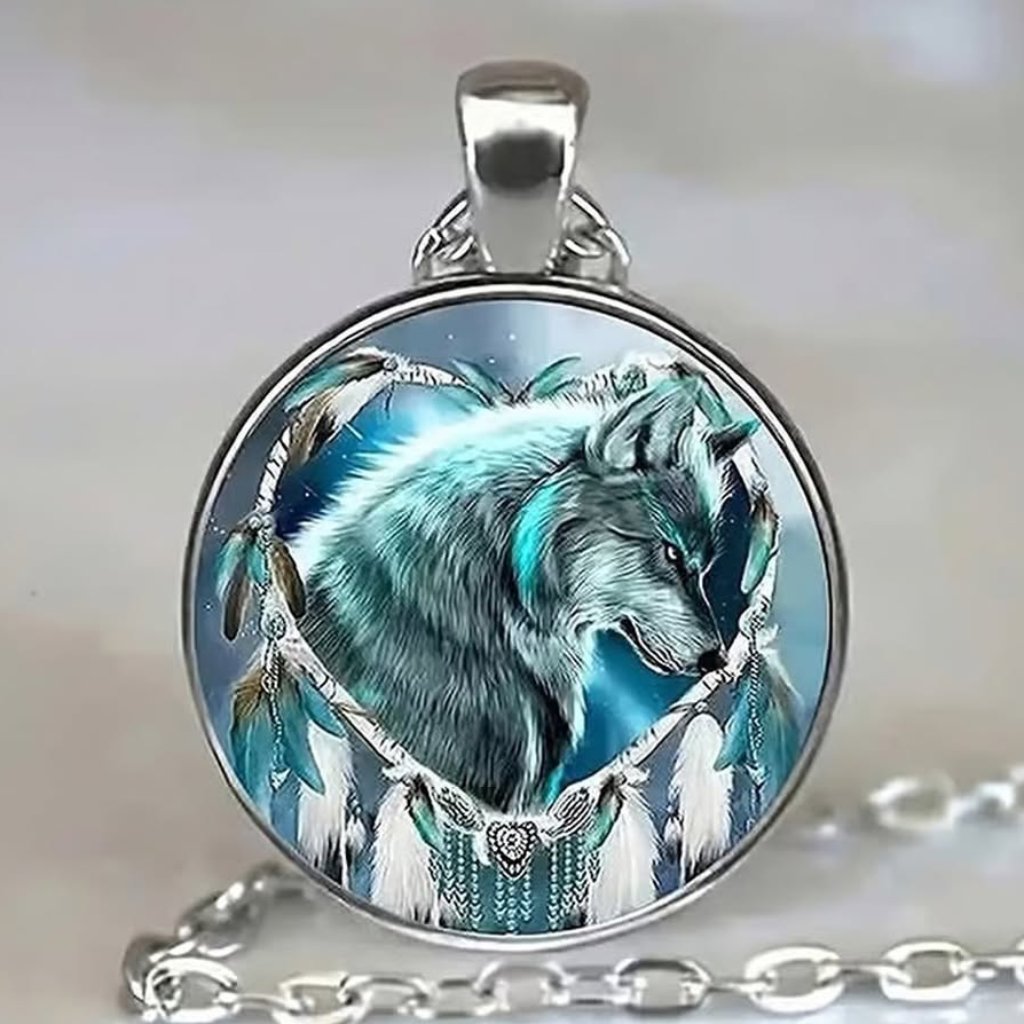 Silver Wolf Glass Cabochon Pendant Necklace